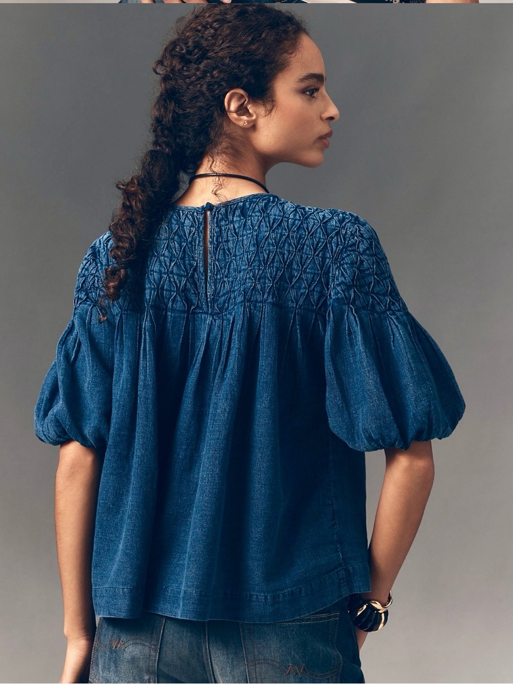 Anthropologie The Lisa Smocked Puff Sleeve Soft Denim Peasant Top in Deep Blue L - Picture 2 of 7